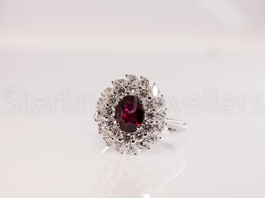 18ct w/g unheated Ruby & Diamond ring