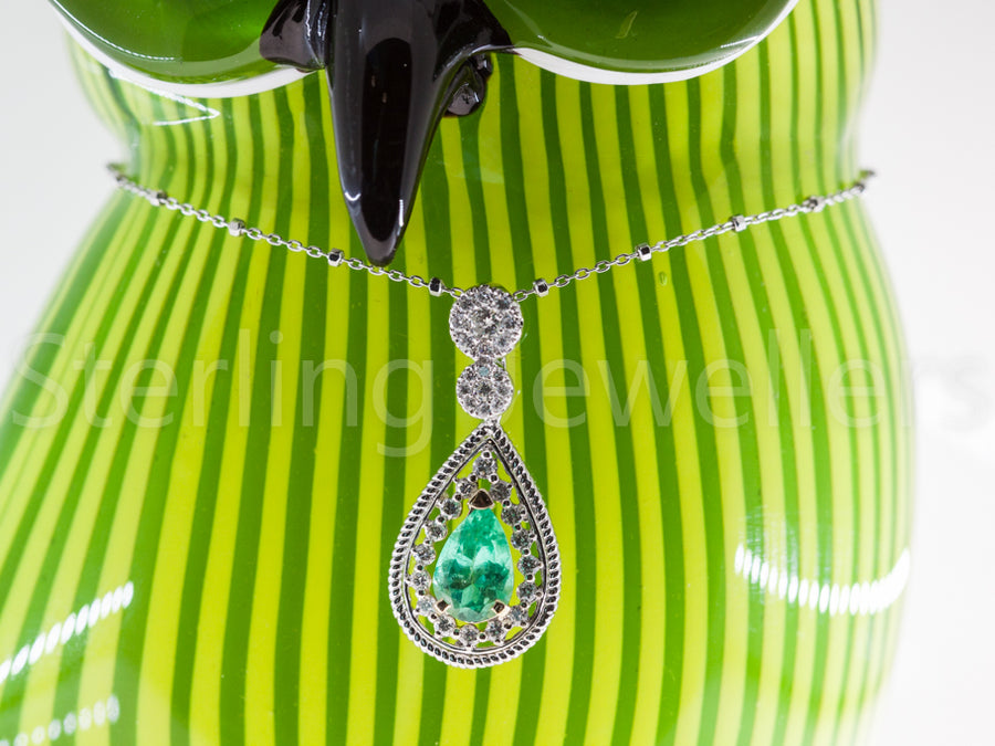 18ct w/g Emerald & Diamond drop pendant